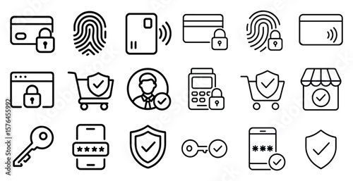Set of icons for shopping and security. The icons include a key, a fingerprint, a credit card, a calculator, a shopping cart, a store, and a phone. The icons are all in black and white