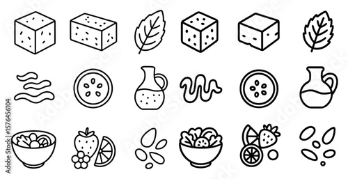 Collection of food-related icons, such as bowls, cups, and vases, arranged in a row. These icons represent various types of food and dining utensils, and they are all drawn in a simple