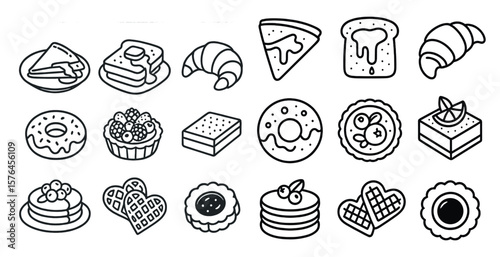 Collection of food items including donuts, pastries, and sandwiches. The image is in black and white and has a playful, whimsical feel to it