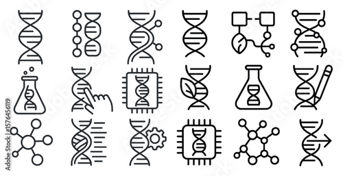 Collection of DNA symbols and DNA-related items. The DNA symbols are arranged in a grid, with some symbols overlapping each other. Scene is scientific and technical