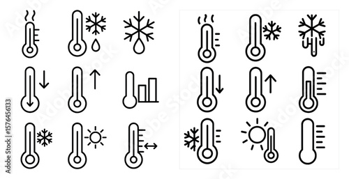 Series of temperature icons, including a thermometer with a sun on it. The icons are arranged in a grid, with some of them pointing up and others pointing down. Scene is one of temperature
