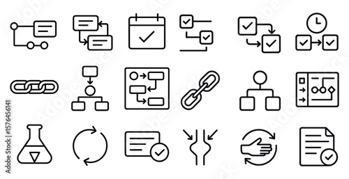 Set of icons for a diagram or flow chart. The icons include a hand, a paper, a clock, a link, a person, a cup, a book, a bottle, a box, a cell phone, a computer