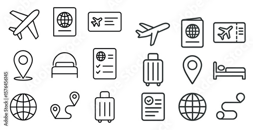 Set of icons for travel, including a suitcase, a passport, and a map. The icons are all in black and white and are arranged in a grid