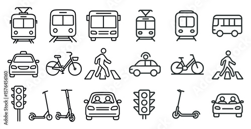 Collection of transportation icons including cars, buses, and bicycles. The icons are drawn in a simple, stylized way