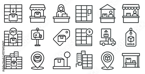 Series of icons for a delivery service. The icons include a truck, a building, a person, and a box. The icons are all in black and white and are arranged in a grid