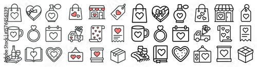 Collection of heart icons, including a wedding ring, a cup, a flower, a book, a box, a truck, and a bag