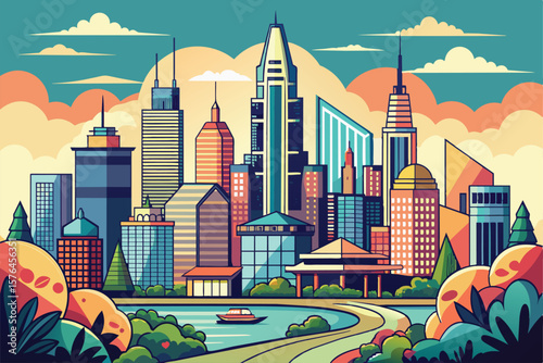 Colorful cartoon illustration of a cityscape featuring modern skyscrapers, a calm river, and vibrant foliage. Captures the essence of urban life with a playful and artistic style.