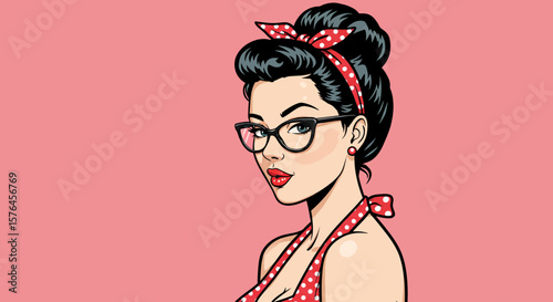 Retro Pinup Girl Illustration Vintage Hairstyle, Glasses, and Polka Dots