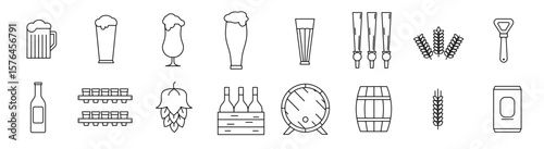 Modern beer icons collection with bottles, glasses, hops, brewing tools, vector design for beverage branding and craft beer themes