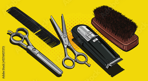 Professional Barber Tools Scissors, Comb, Clipper, Brush – Illustration