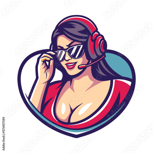 Cartoon female avatar wearing headphones and sunglasses, in a heart-shaped frame