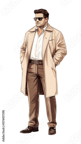 Stylish man wearing sunglasses and trench coat standing confidently  