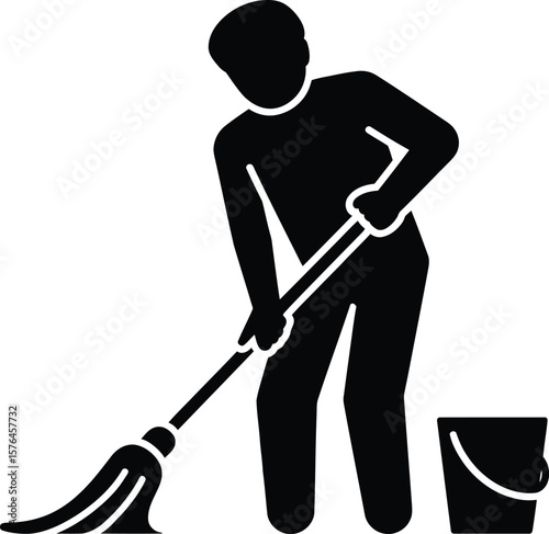 A simple, black silhouette illustration depicts a person mopping the floor.