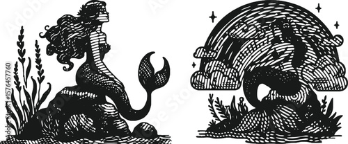  Monochrome lined effect engraving bundle featuring a detailed mermaid sitting on a rock with cloud background, artistic vector design, perfect for vintage, fantasy, mythological, ocean themes.