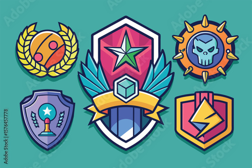 A set of five vibrant vector badges representing different gaming achievements and rewards. Perfect for video game design, app development, or enhancing gamification elements.