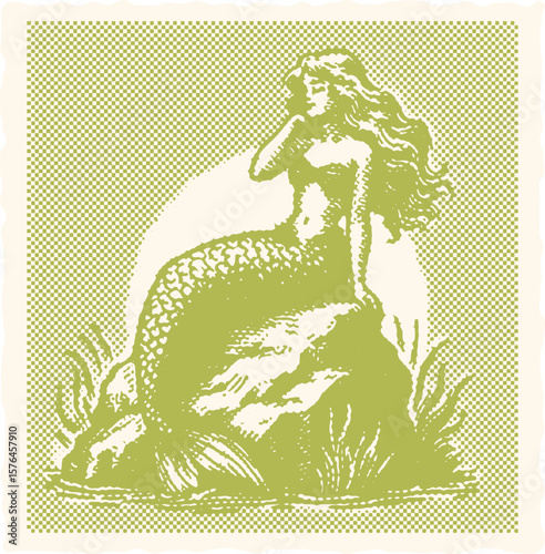 engraving canvas template with stamp halftone vector design featuring a mermaid woman sitting on a rock surrounded by clouds, perfect for fantasy art, nautical themes, and mythical illustrations