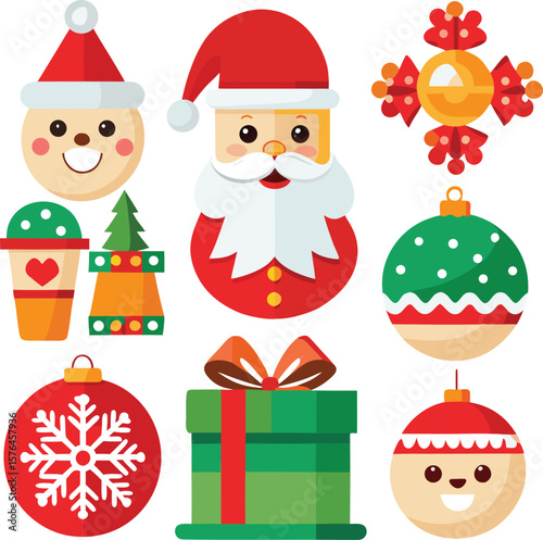 Flat Christmas Icon Set – Santa, Snowman, Gifts, Candy Cane, Snowflake, Gingerbread & Decorations