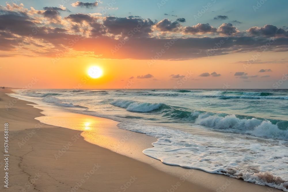 Obraz premium Golden Sunset Reflections on Tranquil Beach Shor