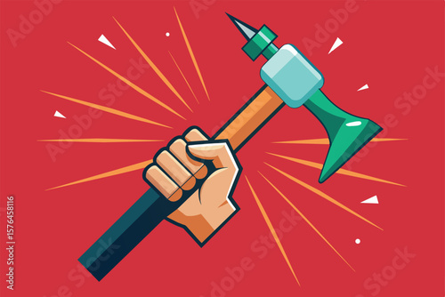 Illustration of a firm hand gripping a stylized hammer on a vibrant red background, symbolizing strength and determination. Perfect for concepts of power, labor, or construction themes.