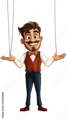Cartoon man with puppet strings smiling in vibrant illustration  
