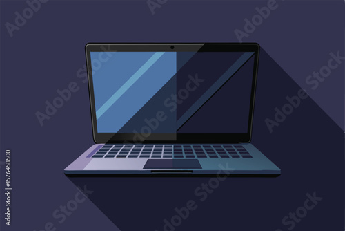 Vector image of a sleek, modern laptop with a long shadow, set against a dark blue backdrop, highlighting digital technology and contemporary design.