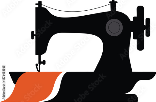Silhouette of a vintage sewing machine with fabric.