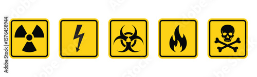 Set of hazard danger vector signs. Radiation sign, High voltage sign, Biohazard sign, Gas flame sign, Toxic sign in rectangle vector illustration on a isolated background