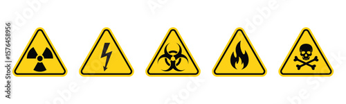 Set of hazard danger vector signs. Radiation sign, High voltage sign, Biohazard sign, Gas flame sign, Toxic sign in triangle vector illustration on a isolated background