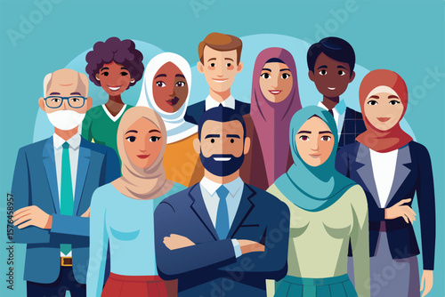 Illustration of a diverse business team showcasing cultural inclusivity and teamwork. The group is united, representing various ethnicities and genders in a professional setting.