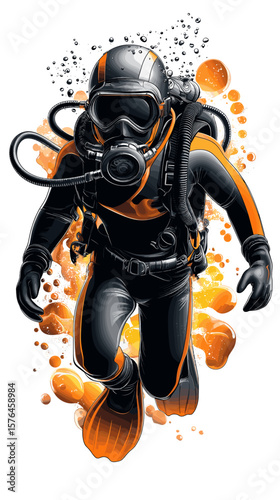 Diver in black wetsuit swimming underwater with orange accents  