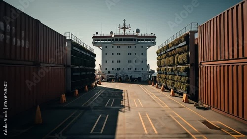 Cargo Ship Transporting Hay and Containers