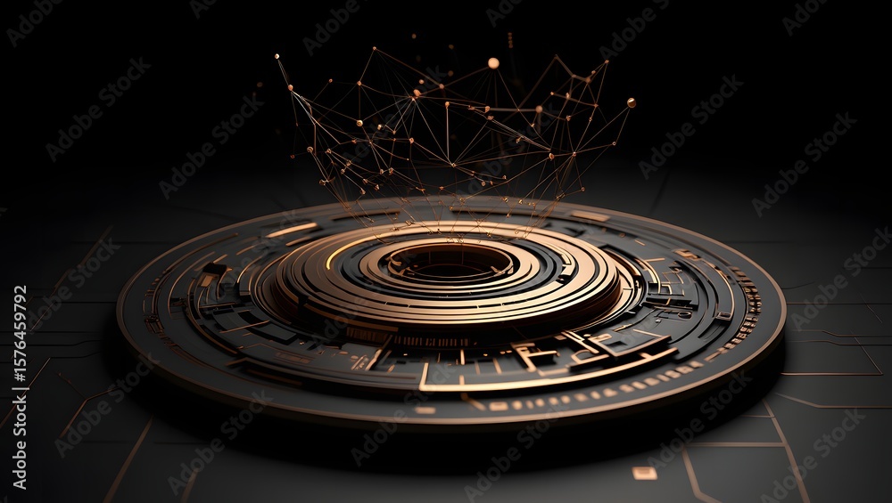 A futuristic technological device with glowing circuits and abstract network connections A futuristic technological device with glowing circuits and abstract network connections