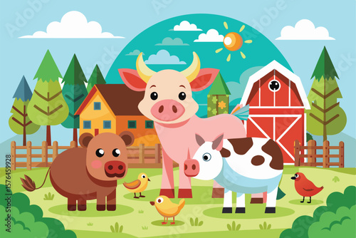 Cute farm animals including a cow, pig, and chicken in a vibrant, cartoon style rural setting with a barn and trees, capturing the joy and innocence of farm life.