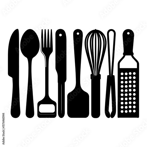 A vector silhouette set of kitchen cutlery, including forks, spoons, and knives, ideal for restaurant menu design or cooking illustrations