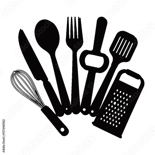 Kitchen utensil and knife set illustration featuring various cutlery and cooking tools in a clean isolated style