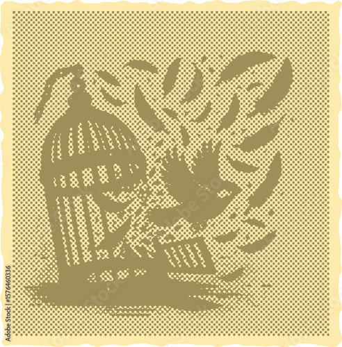  Vibrant color engraving bird escaping from cracked cage canvas template stamp halftone vector design freedom concept nature wildlife flying open wings escape art illustration
