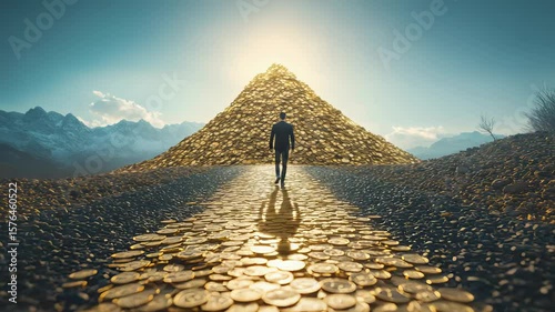 Woman Walking on Golden Coin Path Toward Mountain with Vibrant Sky and Distant Peaks
