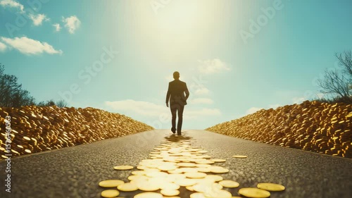 Person Walking on Path of Coins Symbolizing Wealth and Choices Under Clear Sky