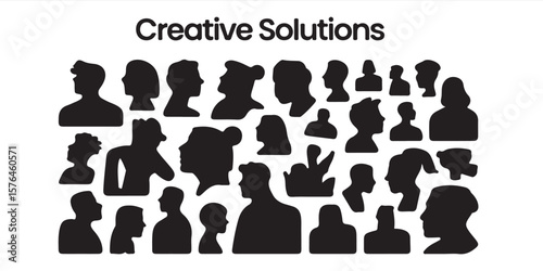 A collection of diverse silhouette head profiles arranged on a white background with text on top