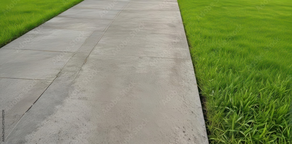 Fototapeta premium Textured concrete sidewalk meets lush green grass Abstract background , rough, landscape