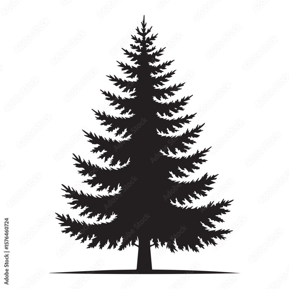 Obraz premium A detailed black silhouette of a mature evergreen conifer tree with full branches and a clear white background