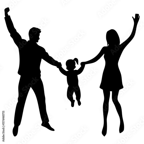 Joyful family silhouette with child swinging silhouette