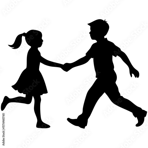 Children holding hands walking silhouette