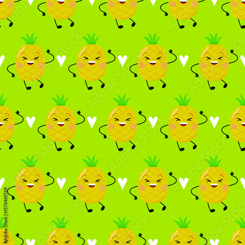 Seamless pattern of funny pineapple characters