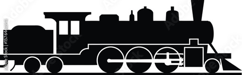 A bold, black silhouette of a vintage steam locomotive.