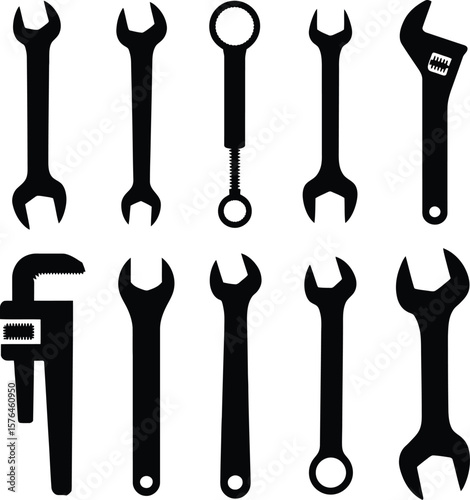 A set of various wrench silhouettes, including adjustable wrenches and standard wrenches, displayed against a plain white background.