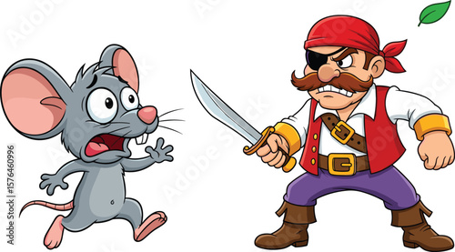 Angry cartoon pirate with sword chasing scared mouse, funny vector illustration, comic scene, animal and pirate character design for kids