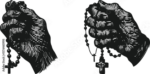  Monochrome lined effect engraving bundle featuring a close-up of a wrinkled hand holding a rosary beads, detailed vintage style illustration perfect for religious and spiritual design projects