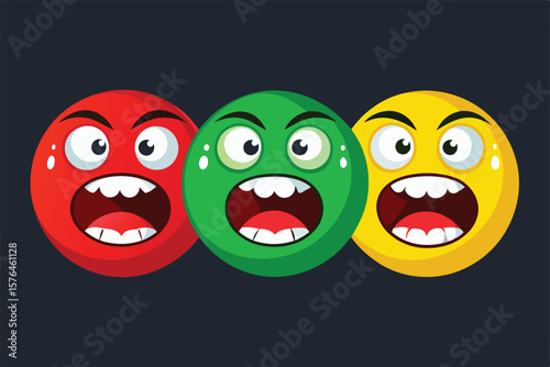 Vibrant cartoon emojis in red, green, and yellow showing angry and surprised expressions, conveying strong emotions. Perfect for digital use in apps or social media.