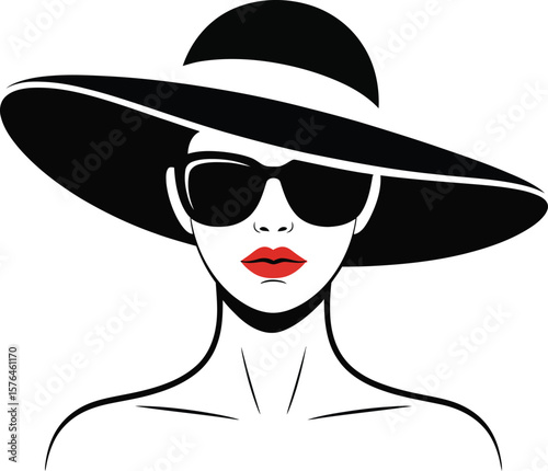 A stylized, black and white illustration of a woman wearing a large black hat and dark sunglasses.